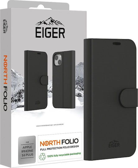 Eiger Umschlag Rückseite Kunststoff / Leder Schwarz (iPhone 16 Plus)
