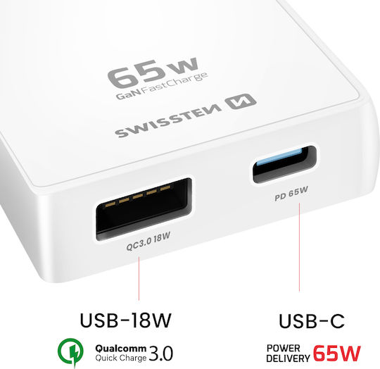 Swissten Macbook Laptop Gan 65w Travel Charger Usb-c Usb Ports Eu Uk Us Plugs White