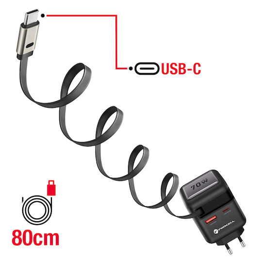 Forcell Φορτιστής Χωρίς Καλώδιο GaN με Θύρα USB-A και Θύρα USB-C 70W Power Delivery / Quick Charge 4.0 Γκρι (F-Energy VT-R7)