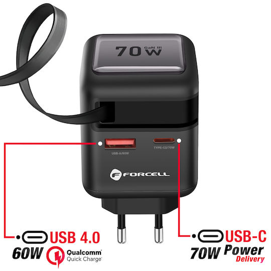 Forcell Φορτιστής Χωρίς Καλώδιο GaN με Θύρα USB-A και Θύρα USB-C 70W Power Delivery / Quick Charge 4.0 Γκρι (F-Energy VT-R7)