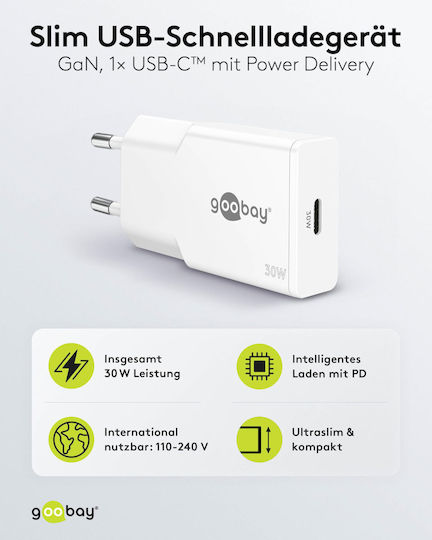 Goobay Φορτιστής Χωρίς Καλώδιο GaN με Θύρα USB-C 30W Power Delivery Λευκός (75736)