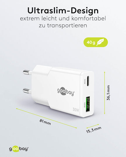 Goobay Φορτιστής Χωρίς Καλώδιο GaN με Θύρα USB-A και Θύρα USB-C 30W Power Delivery Λευκός (75738)