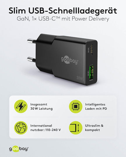Goobay Φορτιστής Χωρίς Καλώδιο GaN με Θύρα USB-A και Θύρα USB-C 30W Power Delivery Μαύρος (75737)