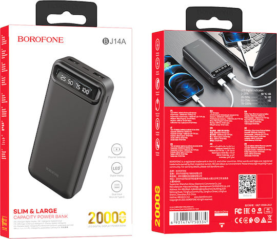 Borofone BJ14A Power Bank 20000mAh 74W with 2 USB-A Ports Black
