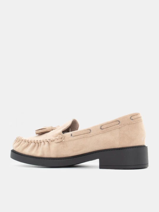 Leather Women's Loafers in Beige Color