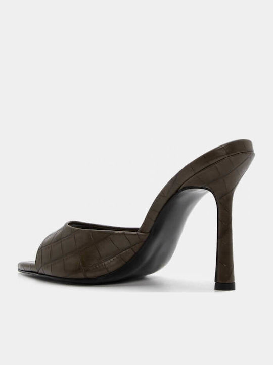 Leather Women's Mules with Thin High Heel in Khaki Color