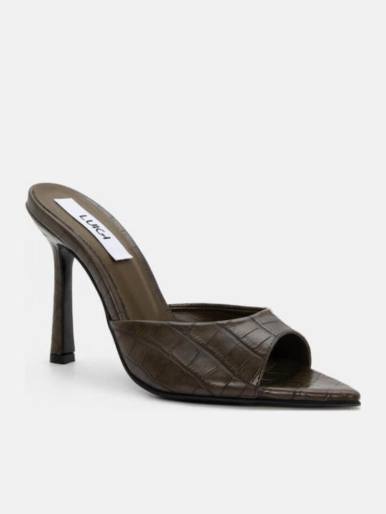 Leather Women's Mules with Thin High Heel in Khaki Color