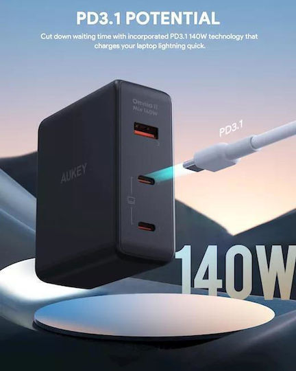 Aukey Incarcator Cu Port USB-A Și 2 Porturi USB-C Și Cablu USB-C USB-C 140W Negru (PA-B7O)