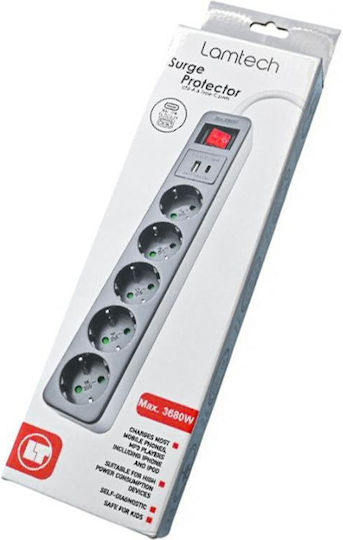 Lamtech Πολύπριζο 5 Θέσεων με 1 USB-A, USB-C, Διακόπτη και Καλώδιο 1.5m