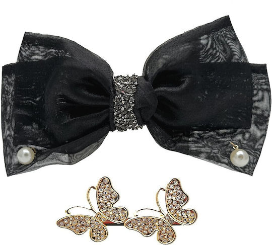 Set 2 Haarspangen Hair Clip Schleife & Rhinestones Schmetterling Schwarz