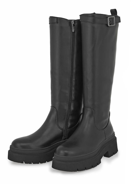 Synthetic Leather Medium Heel Women's Boots Black