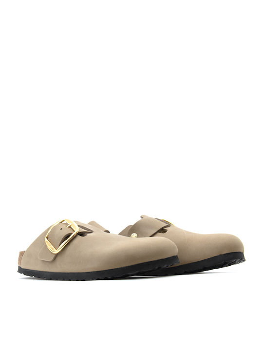 Boston Big Buckle Leather Winter Women's Slippers Beige Narrow Fit