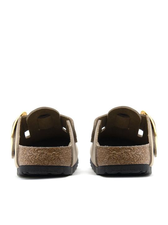 Boston Big Buckle Leather Winter Women's Slippers Beige Narrow Fit
