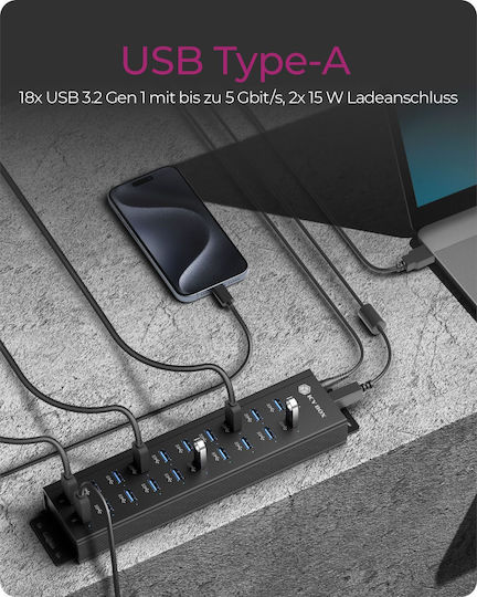 Icy Box USB-Hub 20 Anschlüsse USB 2.0 mit Anschluss an einen Computer USB-A
