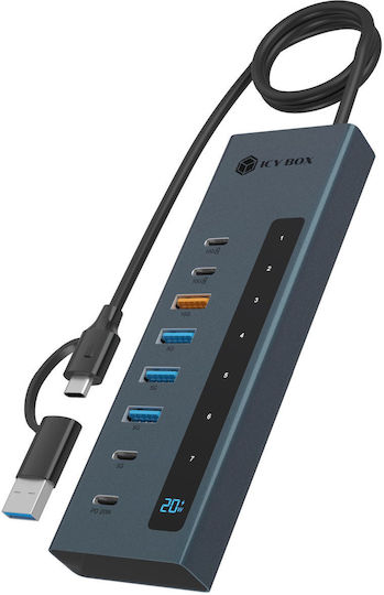 Icy Box Хъб 9 порта с връзка USB-A Сив