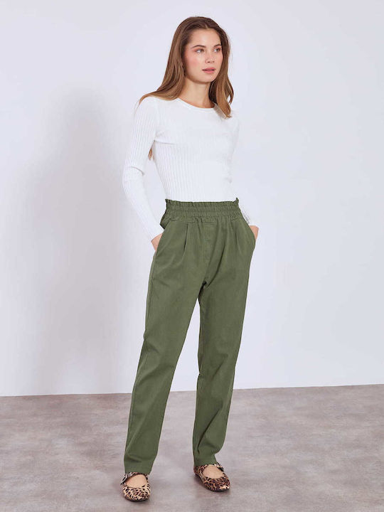 Celestino Women's High Rise Trousers Pockets Dark Khaki
