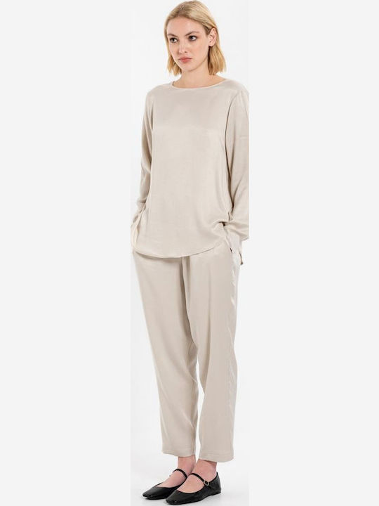 Women's Fabric Capri Trousers with Elastic Straight Line Dark Brown