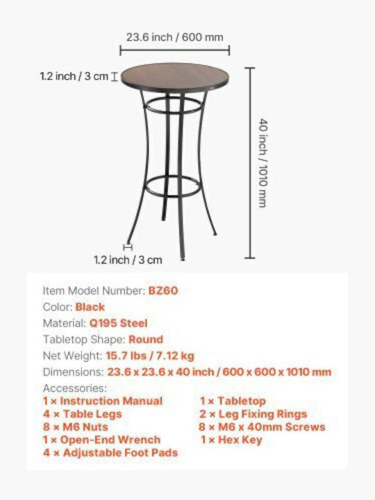 Outdoor Bar Free Standing Metal Table Black 60x60x101cm