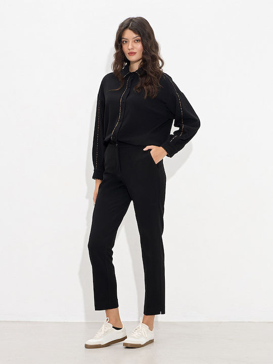Dama Talie înaltă Tesatura Pantaloni cu Elastic Black
