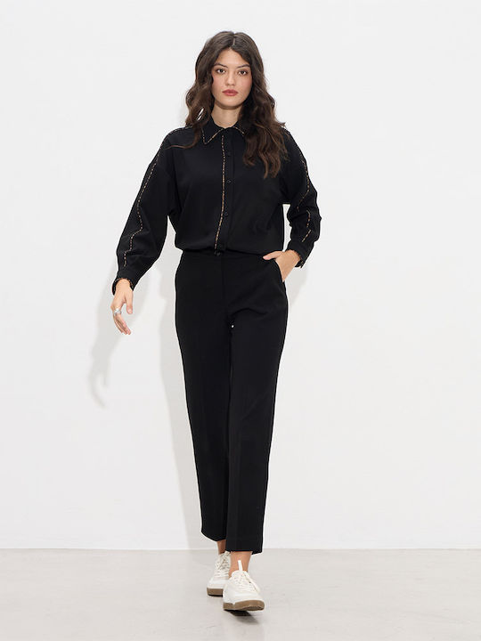 Dama Talie înaltă Tesatura Pantaloni cu Elastic Black