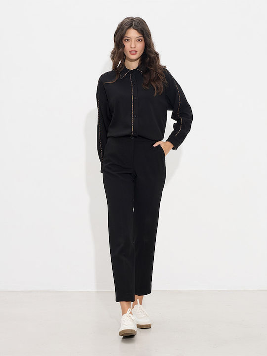 Dama Talie înaltă Tesatura Pantaloni cu Elastic Black