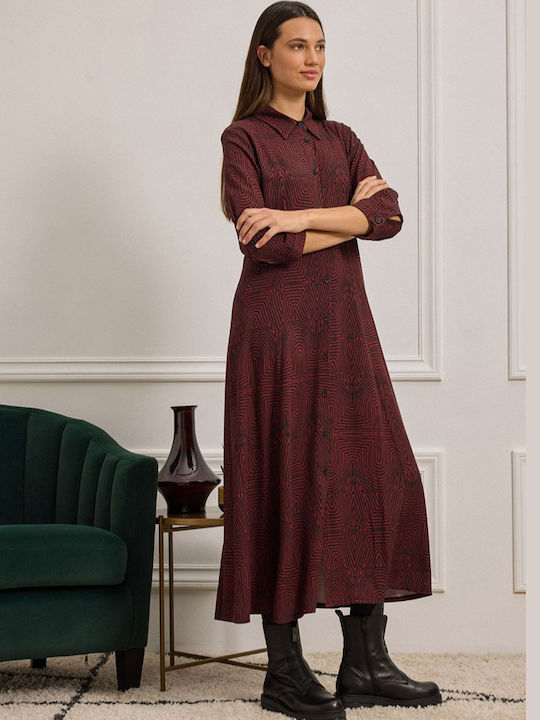 Midi Σεμιζιέ Φόρεμα με Μανίκι 3/4 Burgundy