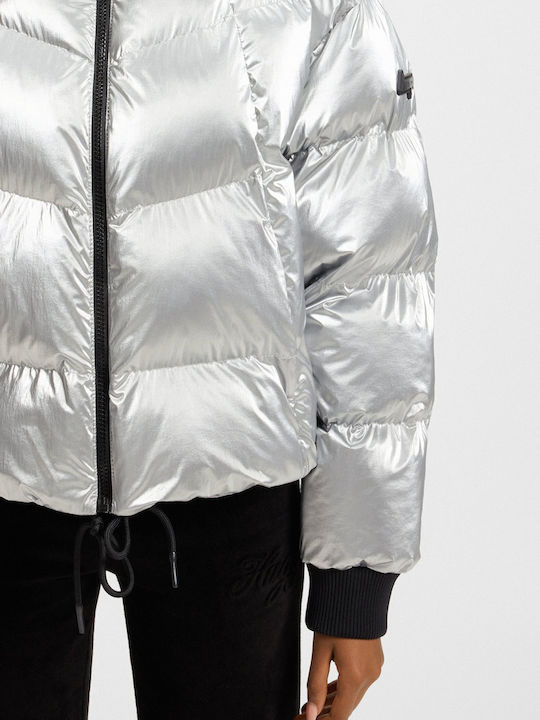 High-sheen Γυναικείο Puffer Μπουφάν για Χειμώνα Ασημί