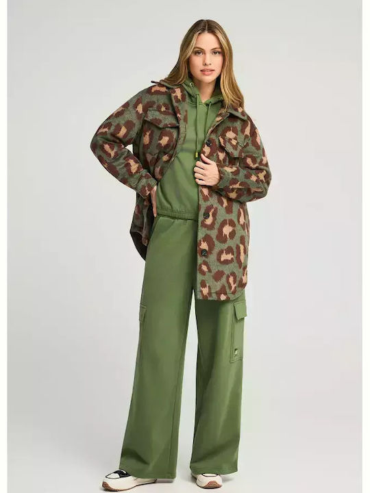 Women's Leopard Khaki Overshirt with Fur Details