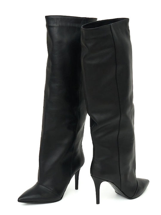 Leder Damenstiefel mit hohem Absatz Schwarz