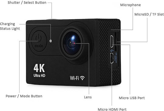 H9 Action Camera 4K Ultra HD Underwater (with Case) with Screen 2" and Wi-Fi Yellow