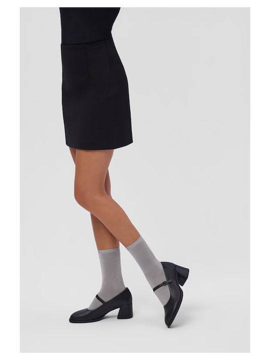 Leather Black Medium Heels with Strap