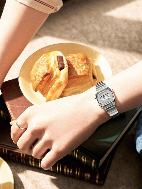 Casio Retro Vintage Digital Women's Watch Chronograph with Silver Metal Bracelet