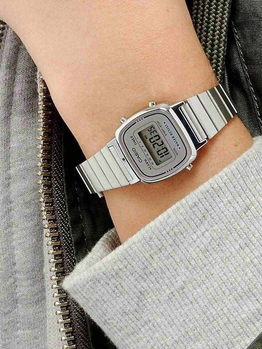 Casio Retro Vintage Digital Women's Watch Chronograph with Silver Metal Bracelet