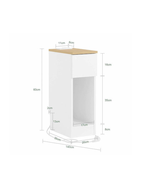 Wooden Bedside Table White 20x35x60cm