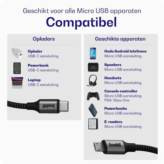 Buddi Редовна USB 2.0 Кабел USB-C мъжки - микро USB-A мъжки 12W Черен 0.3м