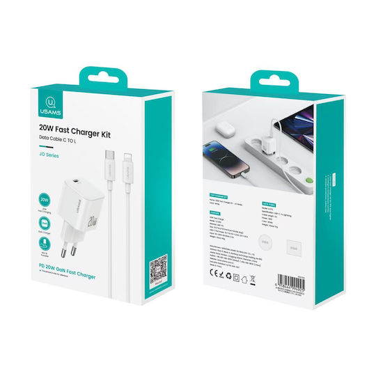 Usams Φορτιστής GaN με Θύρα USB-C και Καλώδιο USB-C - Lightning 20W Power Delivery Λευκός (CC260)