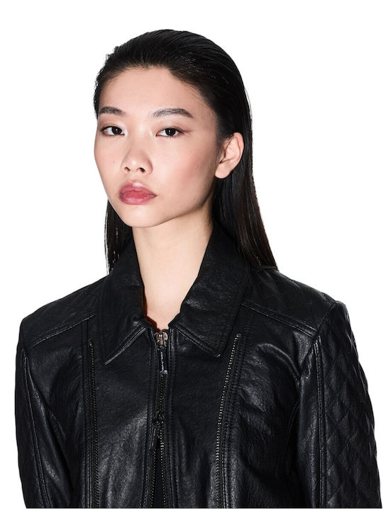 Women's Long Lifestyle Leather Jacket for Winter Black