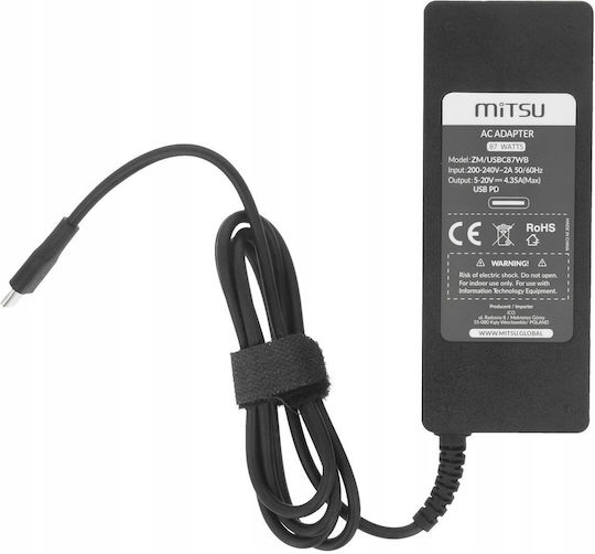 Mitsu 87W Usb-C Laptop-Ladegerät Usbc 5-20,2V 3-4,3A Schwarzes Notebook
