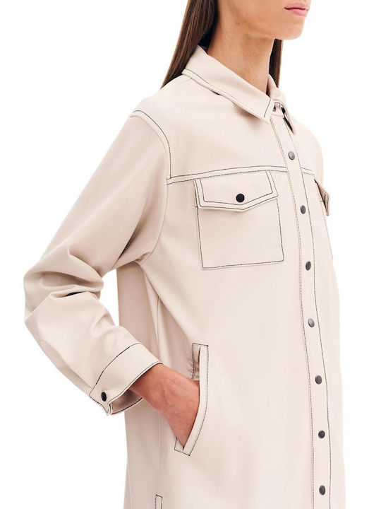 Women's Leather Long Sleeve Shirt Beige