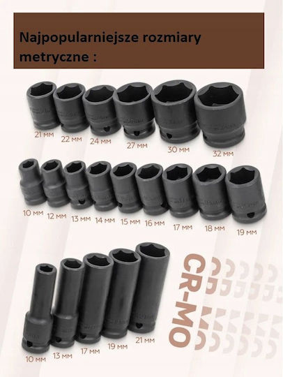 Forcekraft Καρυδάκια Αέρος με Καρέ Υποδοχής 1/2", HEX Σετ 22τμχ