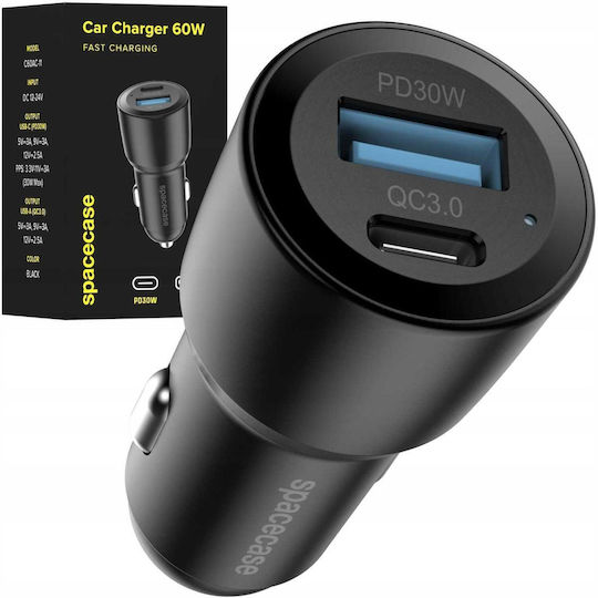 Spacecase Spacecase Autoladegerät 60W 2.5A Schnellladen mit Anschlüssen 1xUSB-A 1xType-C Schwarz Farbe