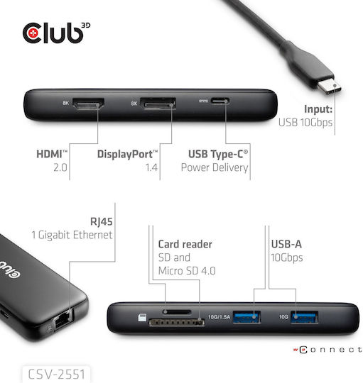 Club3D USB-C Docking Station με HDMI/DisplayPort 4K PD Ethernet Μαύρο (CSV-2551)