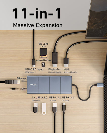 Anker 565 DisplayPort 1.4 / USB-A / USB-C Докинг станция с HDMI 4K PD Етърнет и свързване 2 монитора Сив