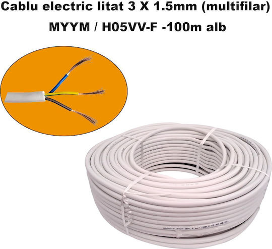 Cablu Electric Multifilar 3 X 1.5mm Myym H05vv-f Bobină 100 Metri Alb