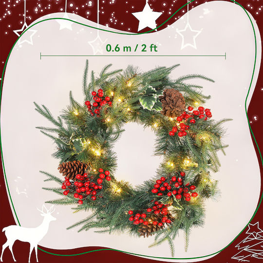 HomCom Christmas Lighted Decorative Wreath Battery Powered 60cm