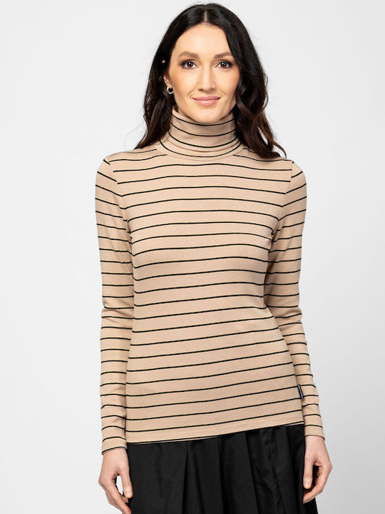 Women's Blouse Cotton Long Sleeve Turtleneck Striped Beige