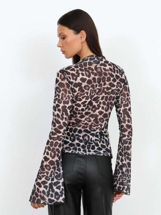 Bluză Damă cu Inserții Transparente Animal Print Multicoloră