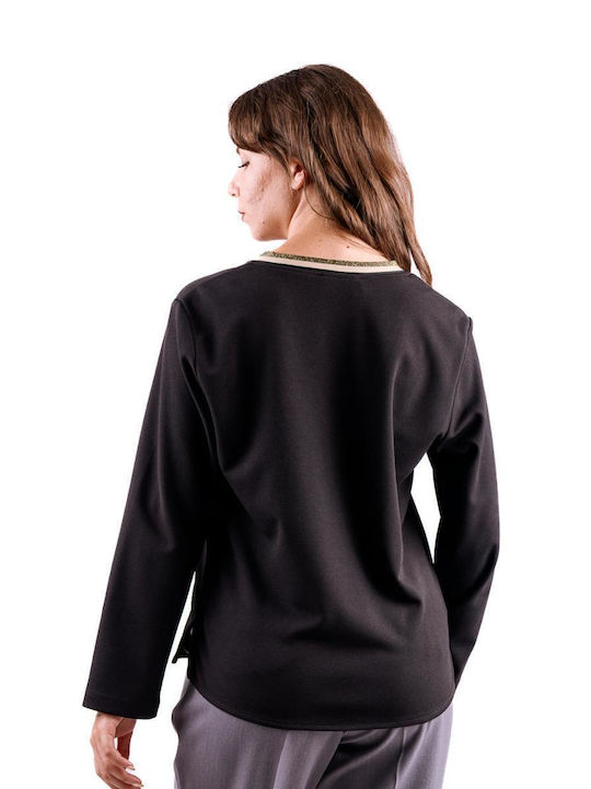 Women's Blouse Long Sleeve with V Neckline Black