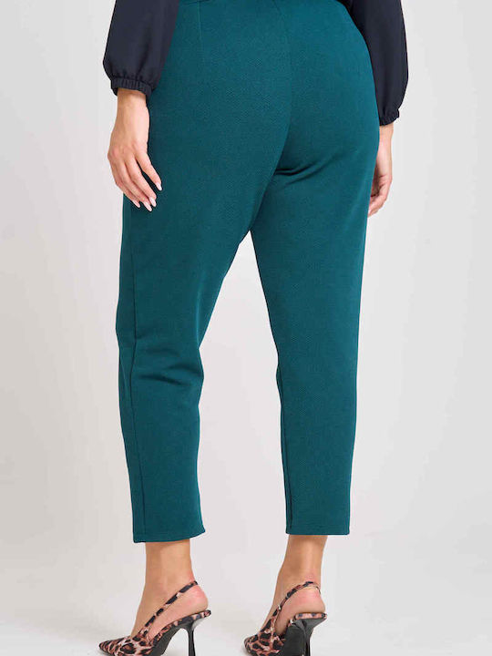 Women's Fabric Trousers with Elastic Carrot Fit Checked Petrol Blue