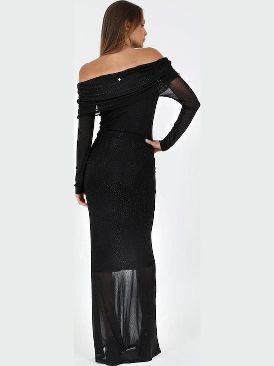 Maxi Evening Dress with Mesh Black